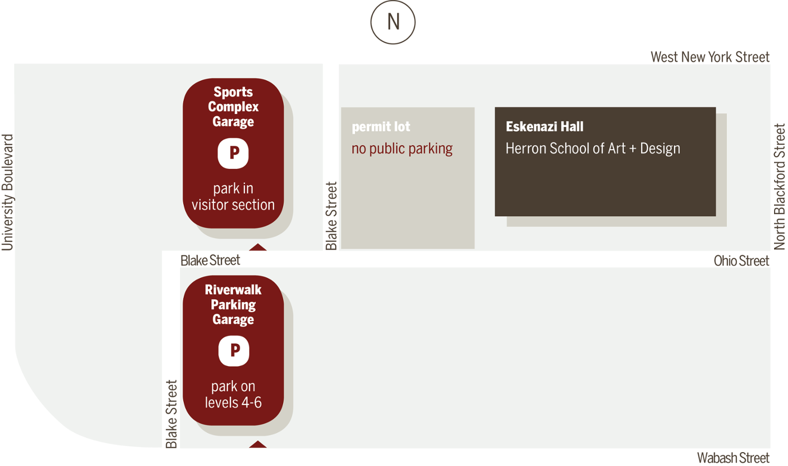 Parking map showing the Sports Complex and Riverwalk Garages.