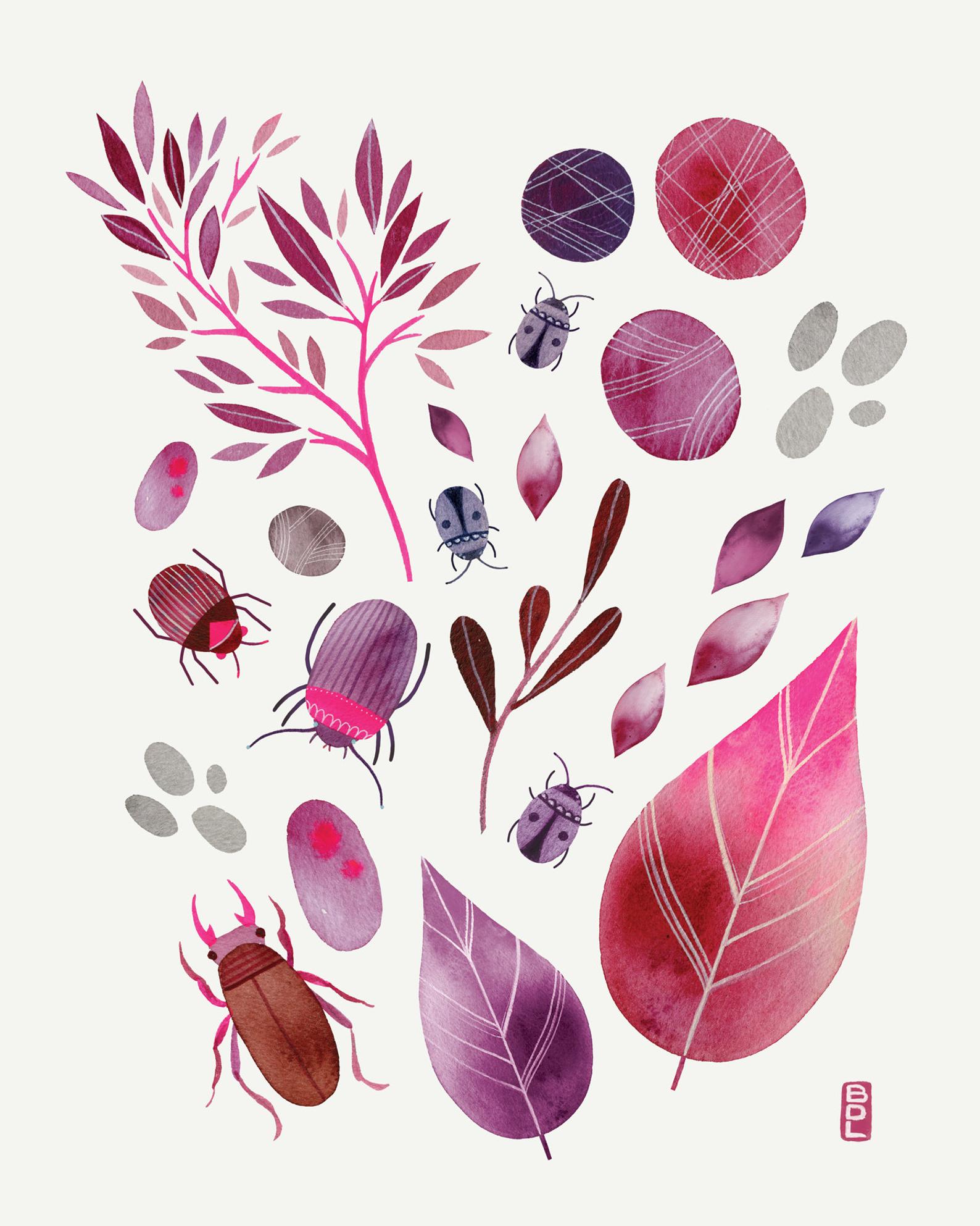 One of DeMaris's illustrations featuring various leaves and beetles in pink and purple hues